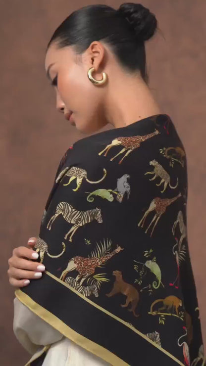 Noir Safari Wool Silk Scarf – Animal Motif Wrap, Hand-Rolled Hem, Winter Gift