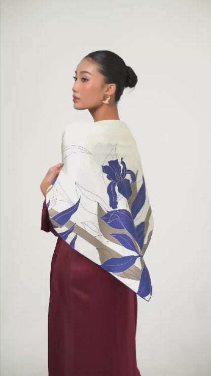 Navy Botanical Silk Twill Scarf – Printed Mulberry Silk, Office Wrap & Gift