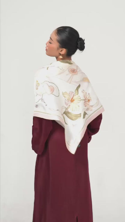 Ivory Floral Ribbon Silk Twill Scarf – Printed Mulberry Silk, Wedding Guest & Gift
