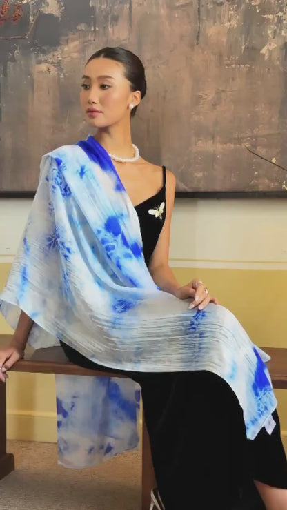 Sky Blue Shibori Silk Scarf – Hand-Dyed Mulberry Silk, Headscarf & Spring Wrap