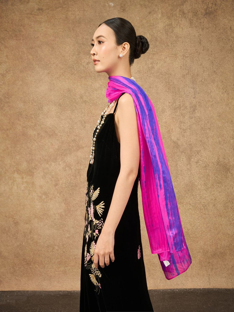 Embroidered black velvet dress with emerald green silk shawl
