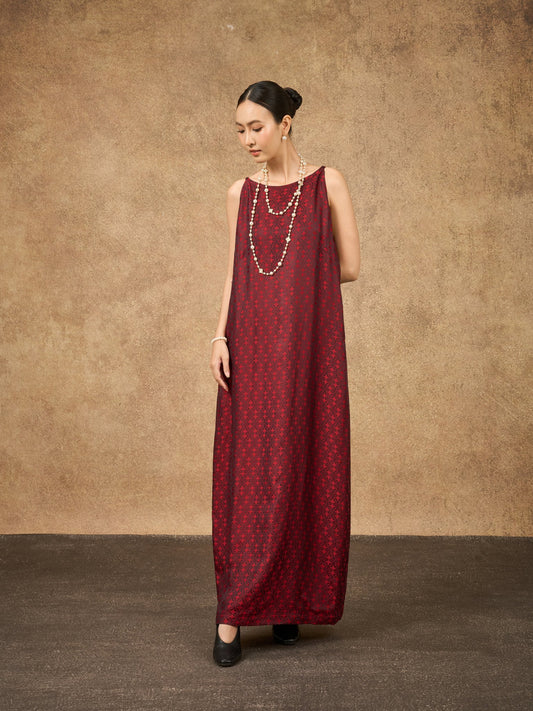 Aurora Scarlet Mosaic Hand-Dyed Silk Jacquard Maxi Dress | Silk & Bears