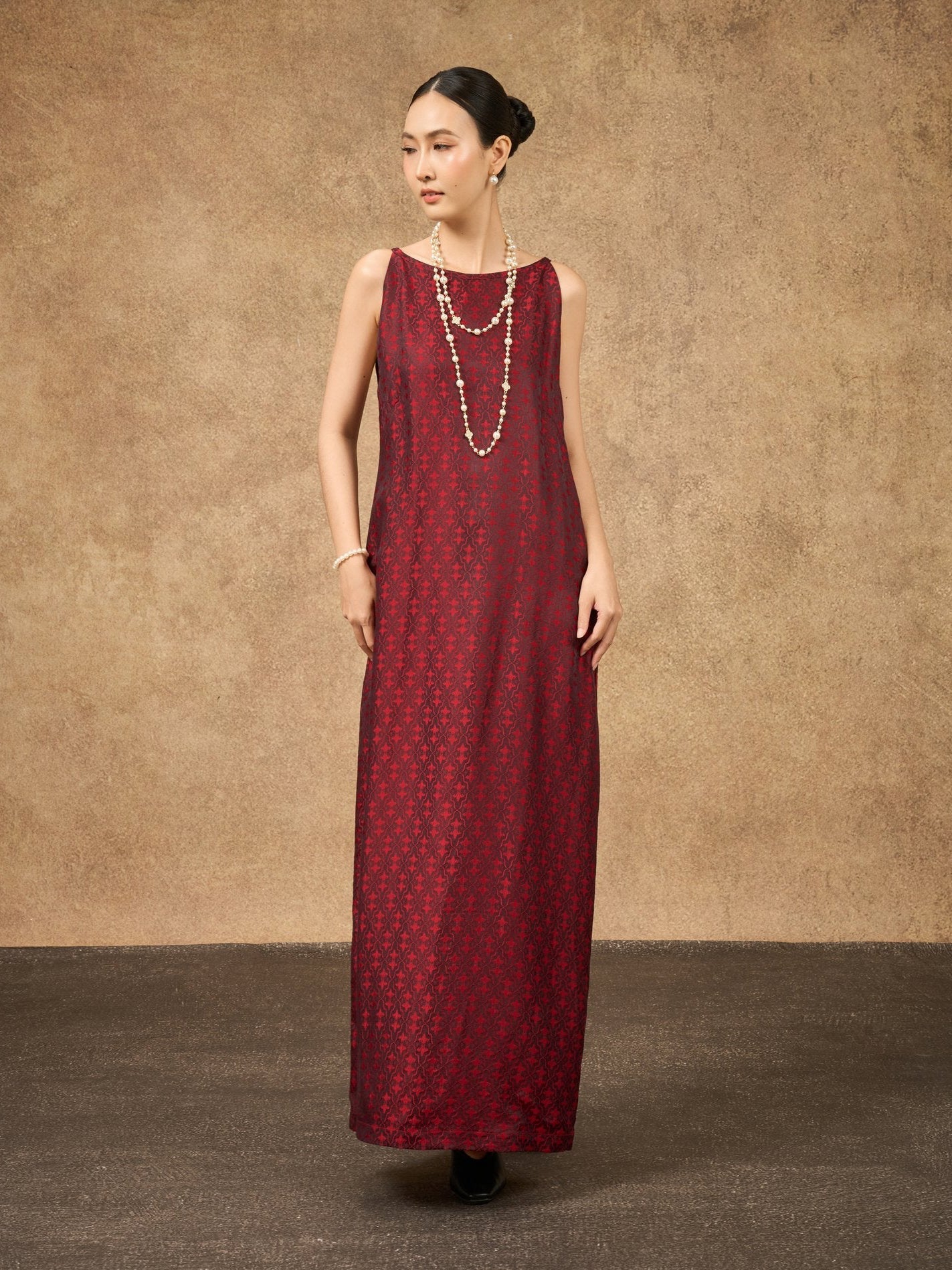 Aurora scarlet mosaic hand-dyed silk jacquard maxi dress, front view