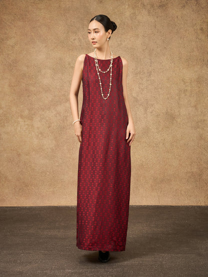Aurora scarlet mosaic hand-dyed silk jacquard maxi dress, front view